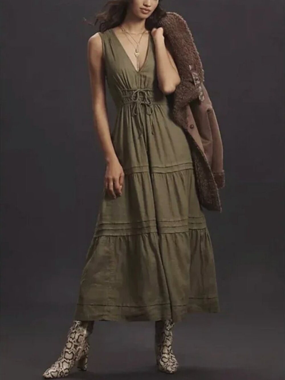 Anthropologie Somerset Maxi Dress Linen Ties Green Size Large